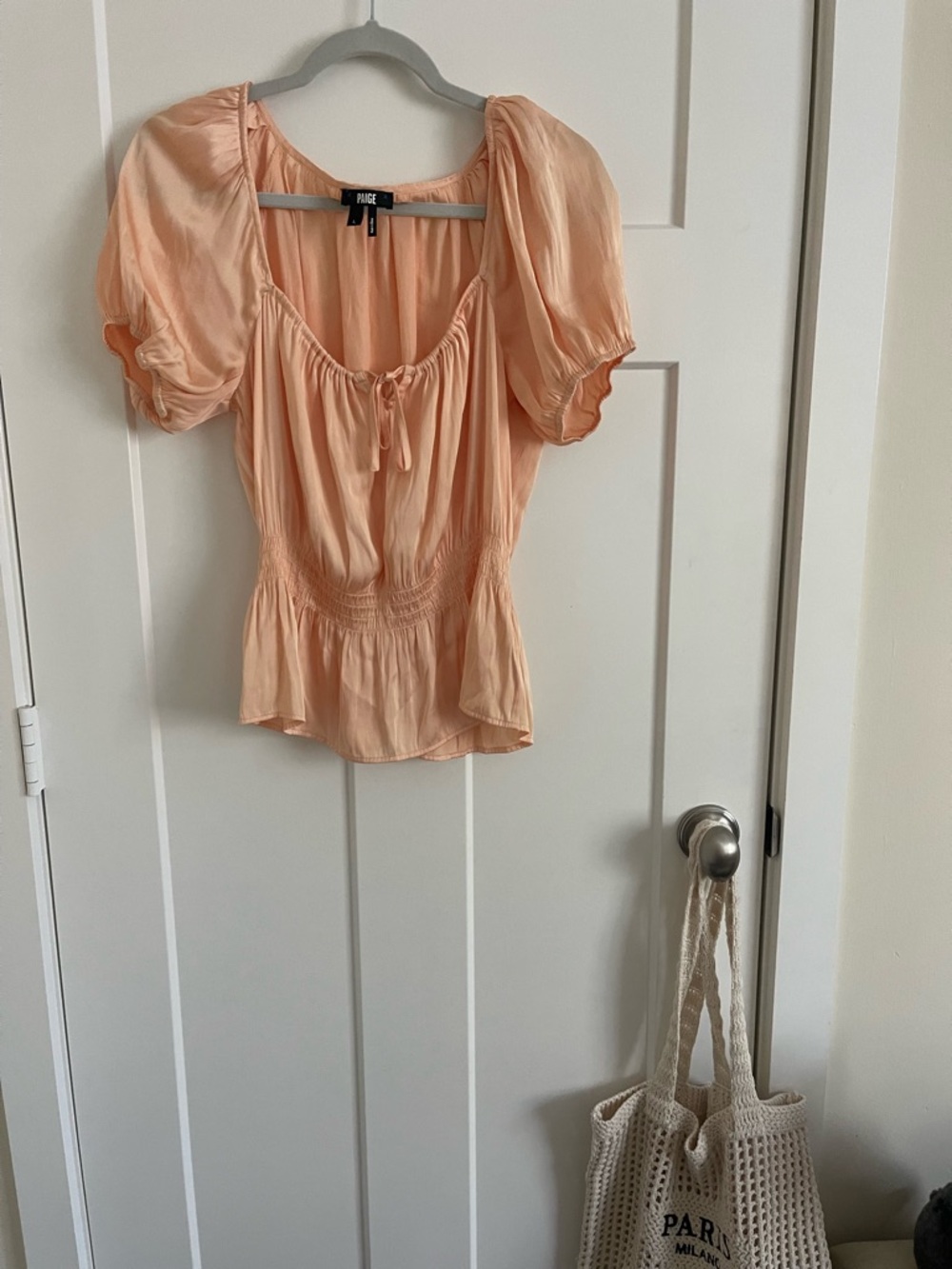 PAIGE Peach Satin Scoop-Neck Peasant Top